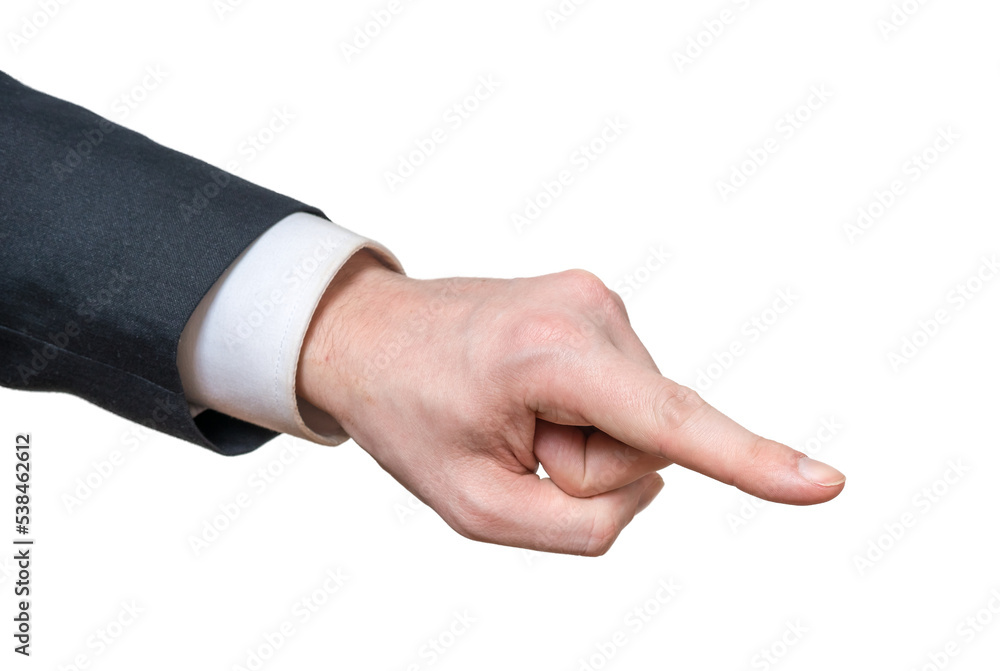 Hand of man in suit pointing right with finger on transparent background.