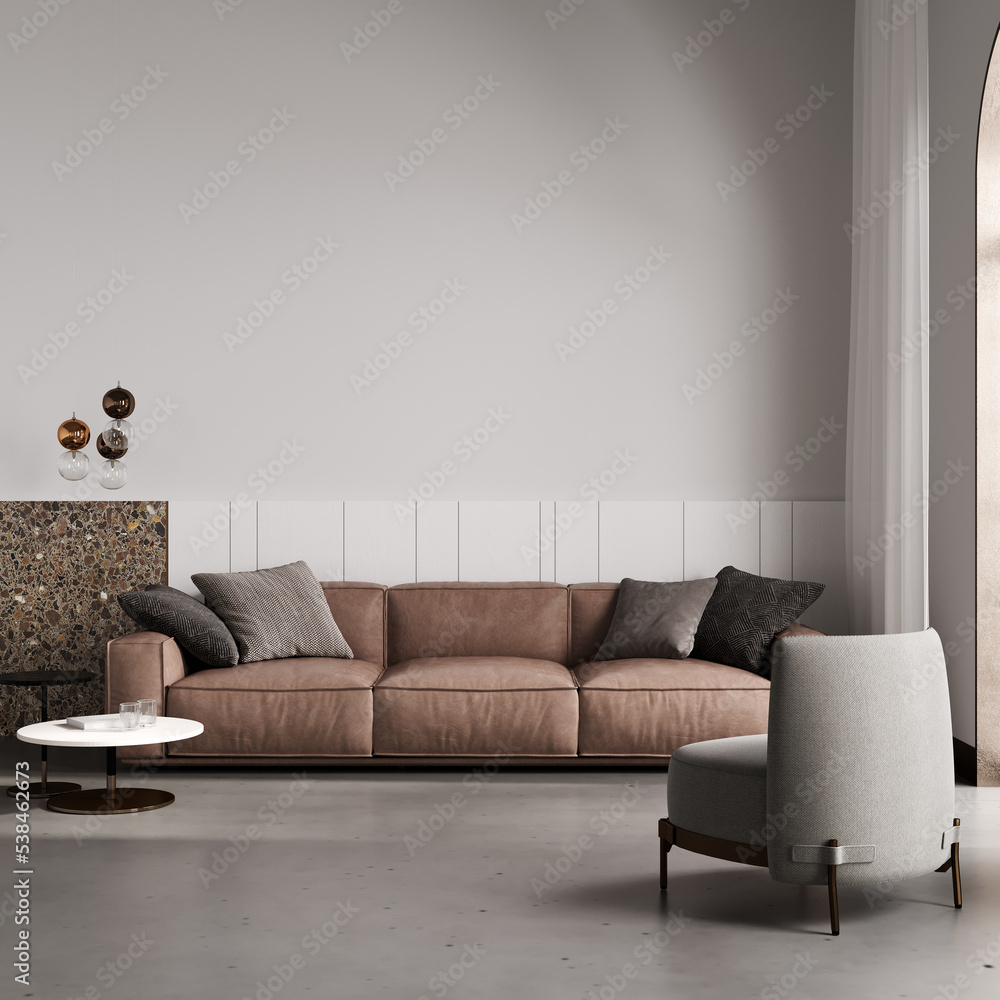 Modern minimalist living room interior mock up with brown sofa and armchair,  gray living room interior background, scandinavian style, living room in  beige tones, 3d rendering Illustration Stock | Adobe Stock