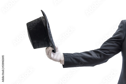 Magician is holding his hat in hand during show. Isolated on transparent background.