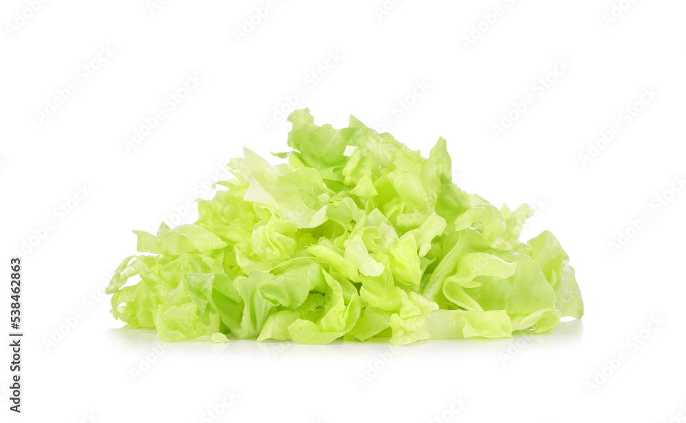 Heap of sliced green lettuce isolated on white background. - obrazy, fototapety, plakaty 