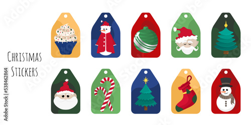 Set of 10 labels with Christmas and winter elements. Stickers with glass ball, snowmens, sweets, Santa Claus, Christmas trees, gift socks, candy canes. Isolated on white. Flat illustration.