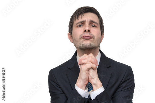 Businessman is begging for help. Isolated on transparent background. photo