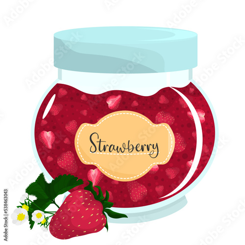 Glass pot with strawberry jam. Strawberry slices in jar. Flat illustration isolated on white background. Pot with jam for autumn, winter. Prevention of diseases with natural berry.