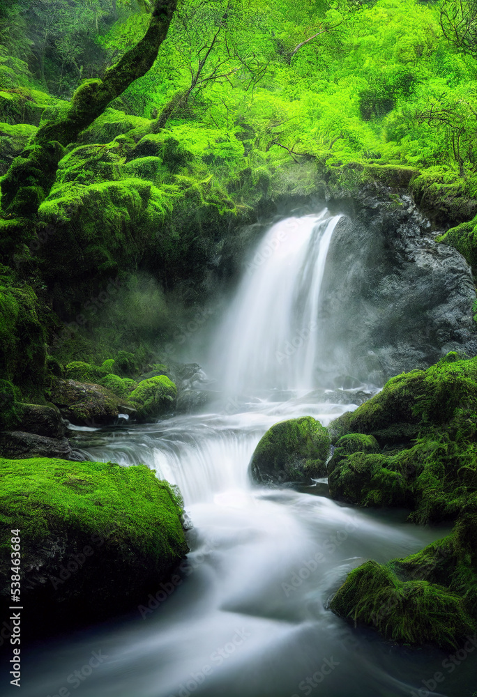 Woodland waterfall with green moss