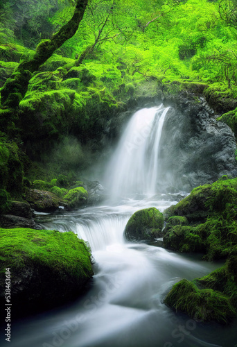 Woodland waterfall with green moss © eyetronic