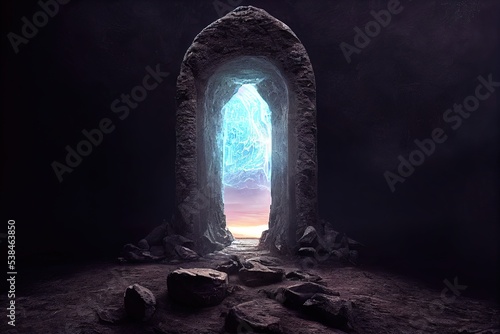 Fantasy night landscape with magical power, ancient stones with magical power and light, runes. Passage to another world, magic door, light, neon. 3D illustration © Terablete
