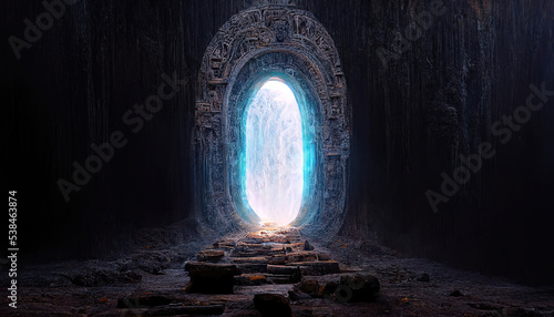 Fantasy night landscape with magical power  ancient stones with magical power and light  runes. Passage to another world  magic door  light  neon. 3D illustration