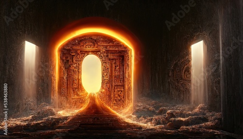 Fantasy night landscape with magical power, ancient stones with magical power and light, runes. Passage to another world, magic door, light, neon. 3D illustration