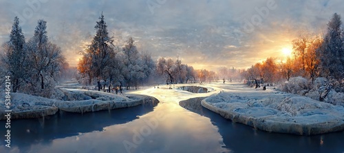 Winter snowy park. Frosty sunset. 3D illustration.