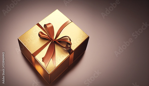 Beautiful golden gift box with yellow ribbon on table. Background for text.
