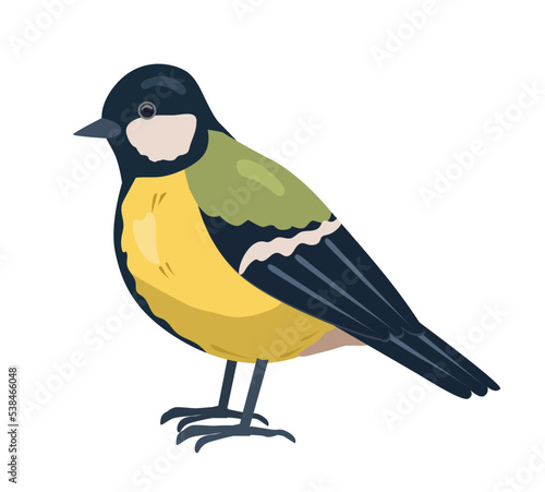 City yellow bird. Sticker for social networks and messengers. Animal, nature and fauna, biology. Toy or mascot for children. Graphic element for printing on fabric. Cartoon flat vector illustration