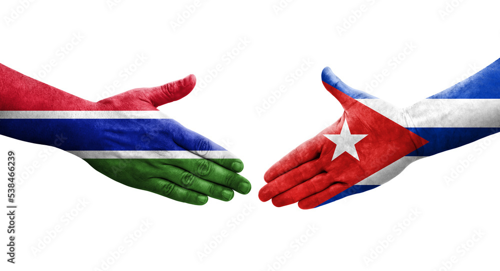 Handshake between Cuba and Gambia flags painted on hands, isolated transparent image.