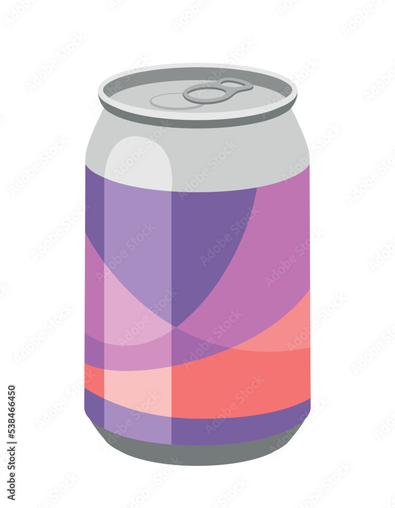 Cold drink icon. Aluminum can with abstract red and violet patterns and shapes. Soda, cocktail and juice. Refreshing sweet liquid, beverage. Poster or banner. Cartoon flat vector illustration Cold drink icon. Aluminum can with abstract red and violet patterns and shapes. Soda, cocktail and juice. Refreshing sweet liquid, beverage. Poster or banner. Cartoon flat vector illustration