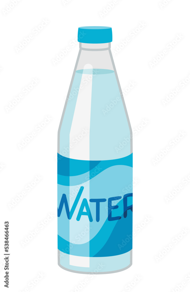 Cold water icon. Plastic bottle with mineral water. Holidays in summer, in hot weather in tropical and exotic countries. Sticker for social networks and messengers. Cartoon flat vector illustration