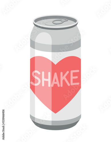 Cold drink icon. Aluminum can with heart and shake inscription. Cocktail, soda or juice for beach and summer time. Graphic element for website. Tasty liquid. Cartoon flat vector illustration