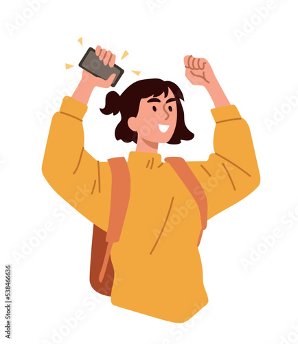 Woman celebrating victory. Young girl raises her hands from smartphones up. Emotions, happiness and joy. Advertising poster or banner for website. Lottery winner. Cartoon flat vector illustration