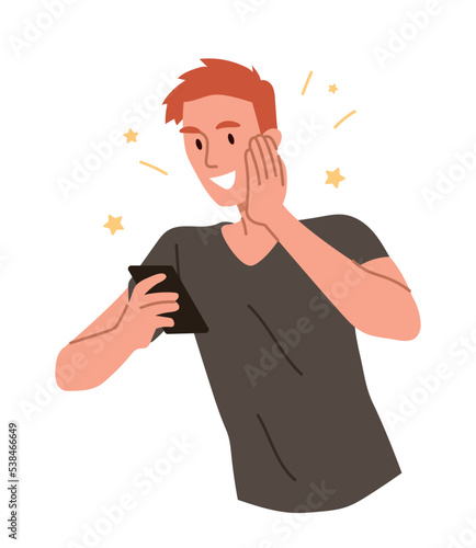 Man celebrating victory. Young guy looks at smartphone screen and smiles, celebrating success. Good news, happiness and smile. Sticker for social media and messengers. Cartoon flat vector illustration