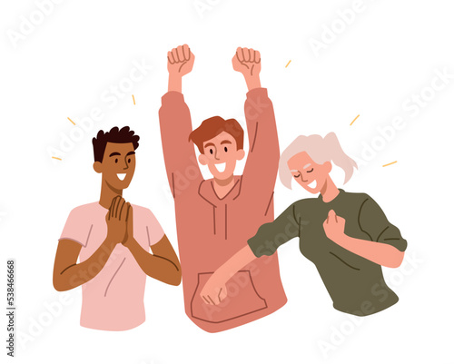 Team celebrating victory. Women and men throw their hands up in victory. Reaction for messengers. Successful work, colleagues and partners. Cooperation and teamwork. Cartoon flat vector illustration