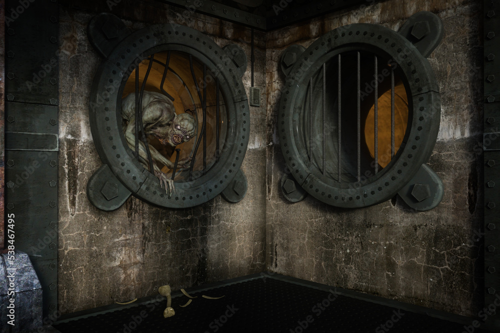Scary boogeyman monster hiding in the pipes of an old sewer. Nightmare horror concept 3D rendering.