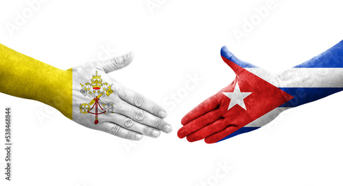 Handshake between Cuba and Holy See flags painted on hands, isolated transparent image.