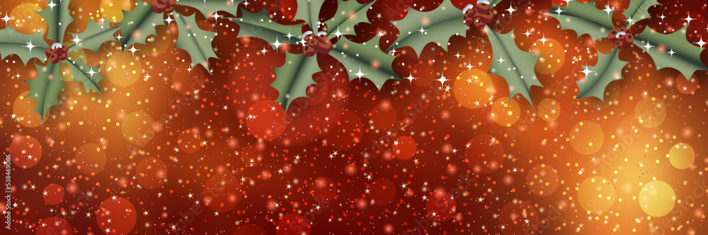 Christmas and New Year banner, poster, invitation card, header vector template. Red blurred background with fir tree branches and mistletoe Christmas and New Year banner, poster, invitation card, header vector template. Red blurred background with fir tree branches and mistletoe