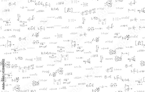 Formulas of astrophysics, quantum mechanics, radio circuits. Scientific, educational background on white. Hand drawn.