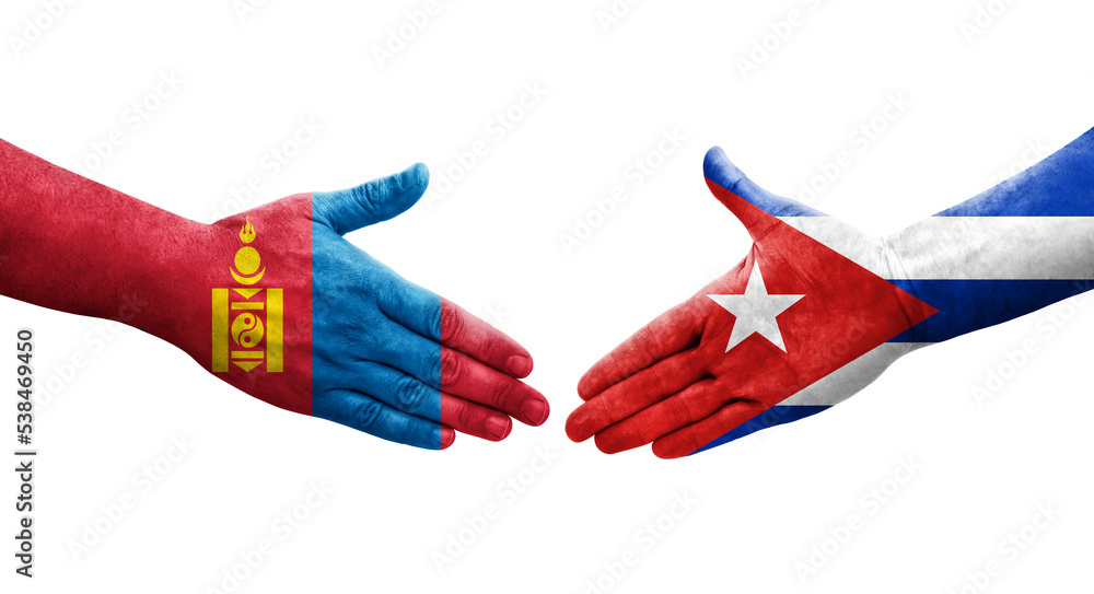 Handshake between Cuba and Mongolia flags painted on hands, isolated transparent image. Handshake between Cuba and Mongolia flags painted on hands, isolated transparent image.