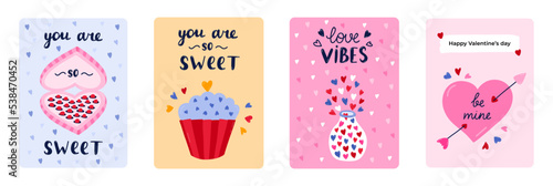 Set of cute postcard for Happy Valentine's day, birthday or other holiday. Posters with lettering and vector hand drawn illustration about love, romance, holiday, 14th February. Greeting card template