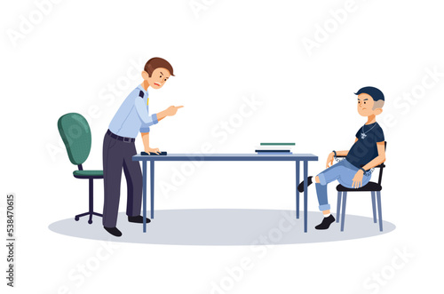 A police officer interrogates a suspect in the interrogation room. The policeman finds out the details of the case from the prisoner. A crime. Young man in handcuffs. Police station. Isolated.