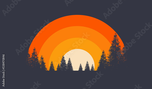 A graphic image of a sunset made of concentric circles is seen behind a forest of fir trees.