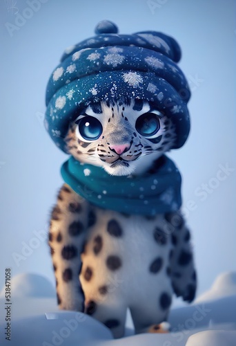 Baby Leopard, 3D rendered Computer generated image with a snowy winter scene new for Winter 2023. Windy snowstorm and frosty blizzard keeps this cute animal chilly