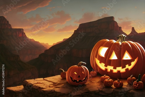 Artistic painting of haloween in the grand canyon, cinematic desert style - a carved group of pumpkins jack-o'-lantern lying on the ground with grand canyon and sunset in the background. illustration