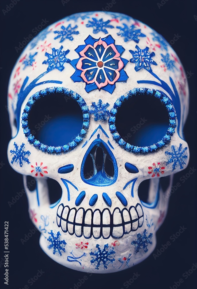 Calavera Sugar Skull 3D rendered Computer generated image with a snowy winter scene new for Winter 2023. Windy snowstorm and frosty blizzard keeps this cute animal chilly Calavera Sugar Skull 3D rendered Computer generated image with a snowy winter scene new for Winter 2023. Windy snowstorm and frosty blizzard keeps this cute animal chilly