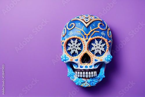 Winter Calavera - snowflakes and flowers decorate a traditional sugar skull. Blue frosty look new for winter 2023. Mexico's day of the dead celebratory decorations with winter blizzard background