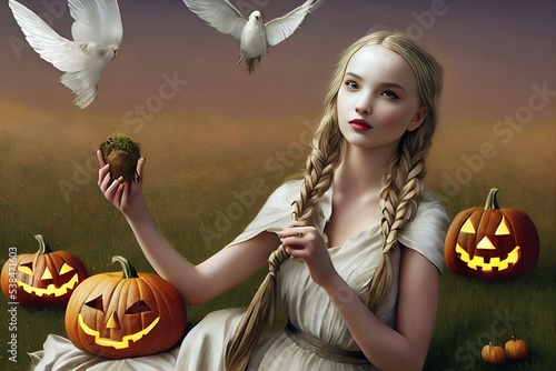 Artistic painting of haloween on the meadow, beautiful blond slavic woman sits in a meadow accompanied by apumpkin jack-o'-lantern and white pigeons. illustration photo