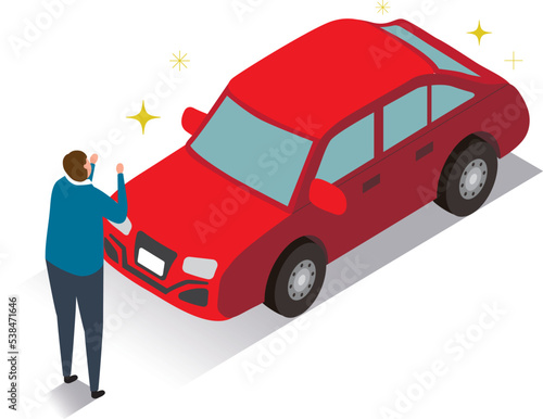 アイソメトリック_新車を買って喜ぶ男性