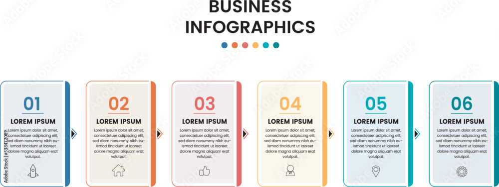 Infographics for business concept. Can be used for presentations banner, workflow layout, process diagram, flow chart, info graph, Horizontal diagram with 6 rectangular frames connected by arrows Infographics for business concept. Can be used for presentations banner, workflow layout, process diagram, flow chart, info graph, Horizontal diagram with 6 rectangular frames connected by arrows