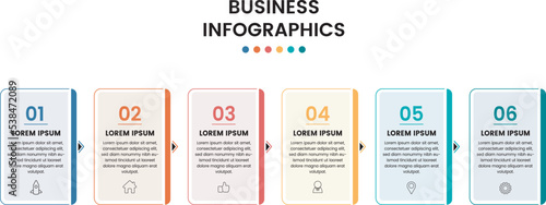 Infographics for business concept. Can be used for presentations banner, workflow layout, process diagram, flow chart, info graph, Horizontal diagram with 6 rectangular frames connected by arrows