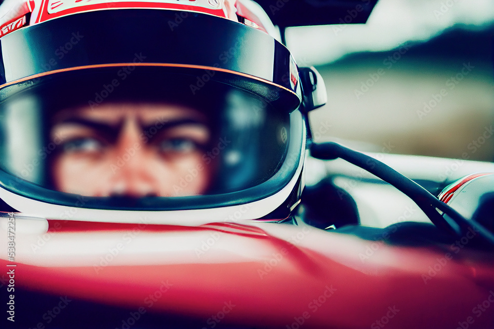 Racer in a helmet driving a car on the track, 3d render Racer in a helmet driving a car on the track, 3d render