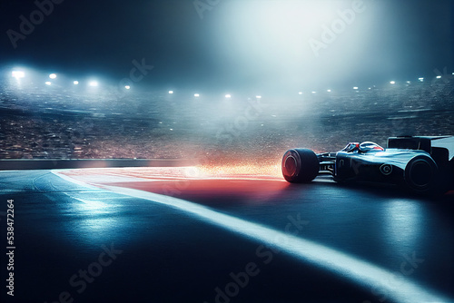 Racer on a racing car passes the track. Motor sports competitive team racing. Motion blur background. 3d render photo