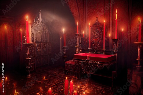 A gothic interior of a vampire castle of Transylvania, lit by candles and featuring an altar for satanic rites and human sacrifices. 3D illustration