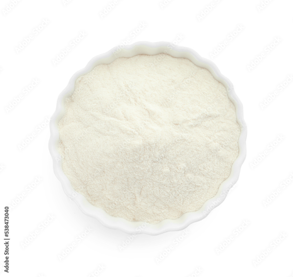 Bowl of agar-agar powder isolated on white, top view