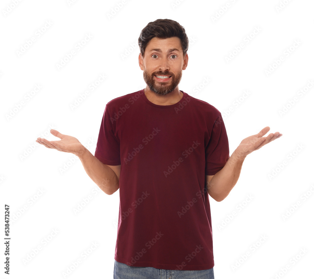 Embarrassed man in shirt on white background Embarrassed man in shirt on white background
