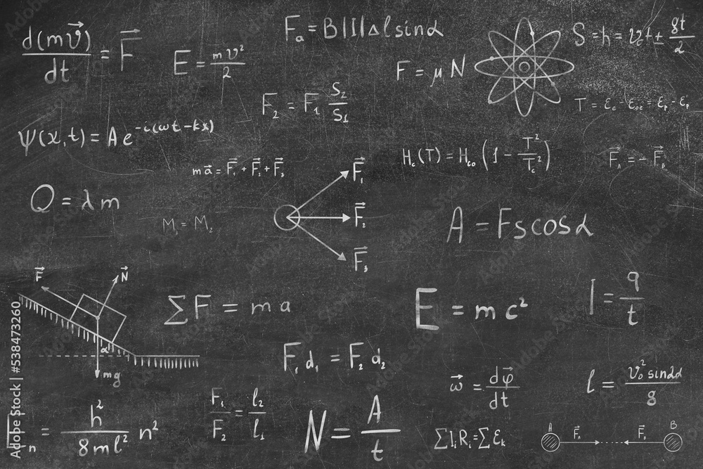Many different physics formulas written on blackboard Many different physics formulas written on blackboard