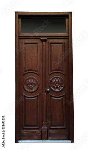 Beautiful old-fashioned wooden door and transom window isolated on white