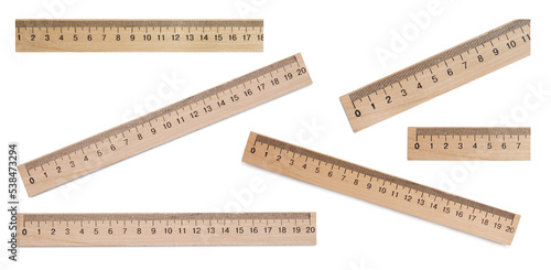 Set with different rulers with measuring length markings in centimeters on white background