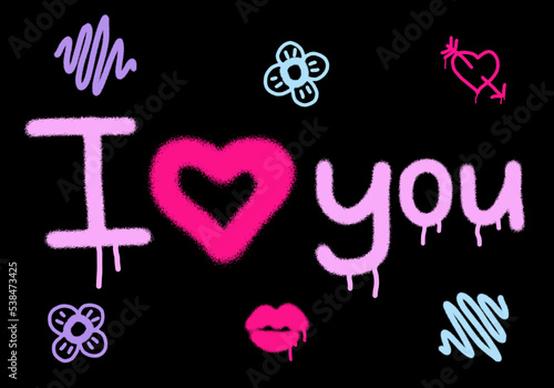 I love you lettering with spray texture, driping pait, pink hearts, lips, flowers on black background. Street art style. Graffiti imitation for Valentines day, banner, poster, ets. Vector illustration