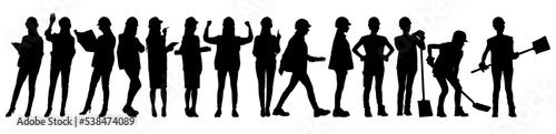 Silhouettes set of female workers with helmets. Vector flat style illustration isolated on white. Full length view