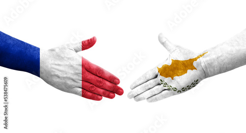 Handshake between Cyprus and France flags painted on hands, isolated transparent image.