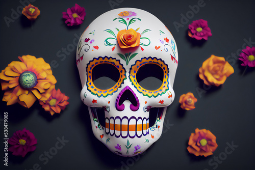 Hispanic heritage sugar skull marigold Festive dia de los muertos background halloween digital illustration